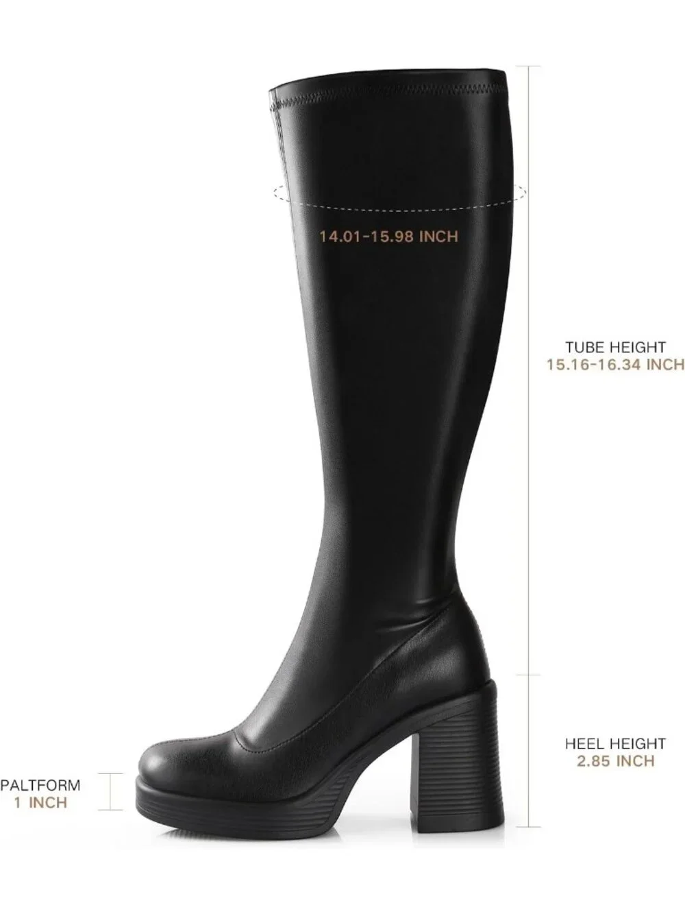 Women's Black Pu Chunky Heel Square Toe Side Zipper Long Gogo Knee High Boots